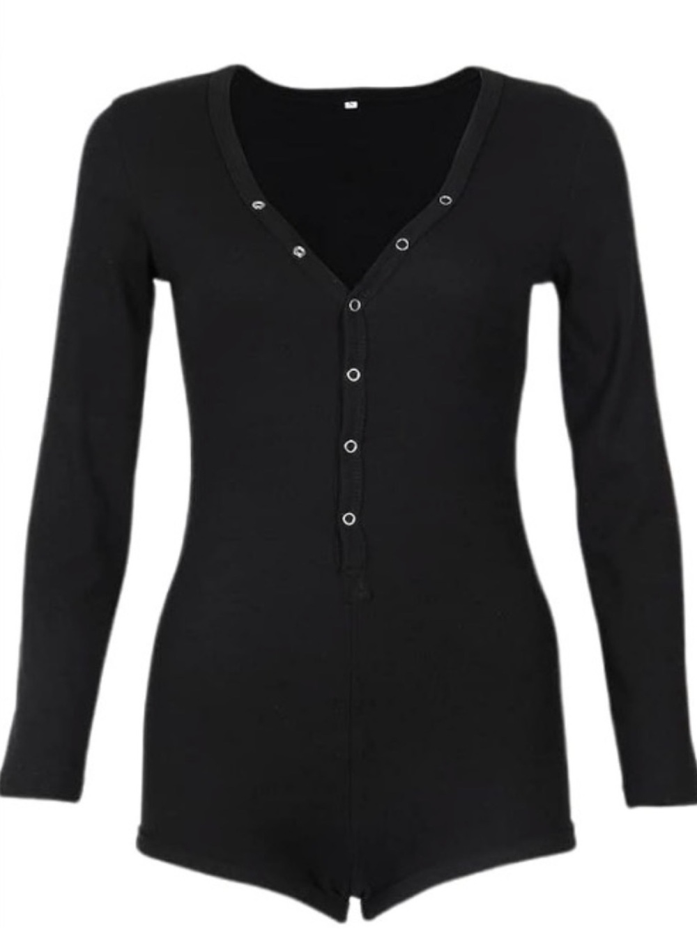 Black Long-Sleeve Snap-Front Pajama Romper Size M